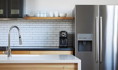Modern kitchen, stainless steel fridge, coffee maker, white subway tile backsplash, kitchen island