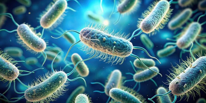 Pseudomonas aeruginosa bacteria with flagella forming a biofilm on a surface, microbial community, Pseudomonas aeruginosa