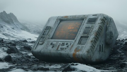 Futuristic device rests on snowy mountain, digital map glows, desolate landscape