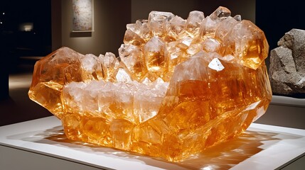 Amber crystal sculpture, museum exhibit, background art