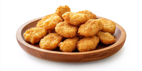 delicious fresh crispy chicken nuggets on white background. street food. fast food. tasty snack. wooden plate