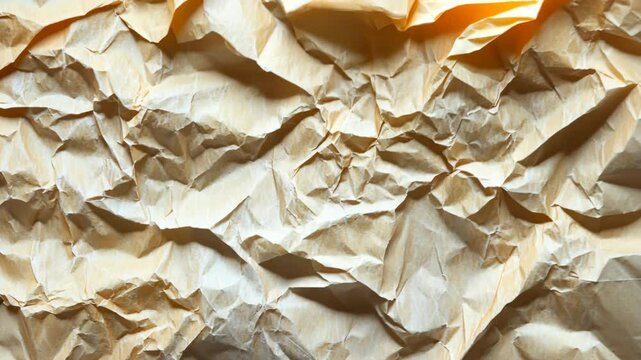 Wrinkled brown paper texture displaying creases and folds under natural light in a warm setting
