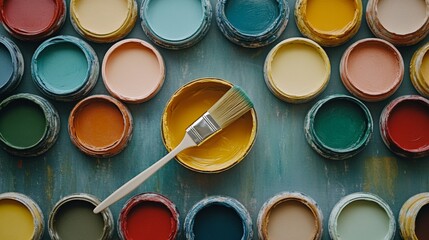 Fototapeta premium An engaging overhead view of a DIY paint brush surrounded by vibrant sample paint pots, capturing the essence of creativity and the joy of home improvement projects. 