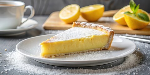 A single serving of lemon pie on a white plate, garnished with a sprinkle of powdered sugar, in a modern kitchen setting, pastry