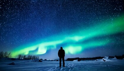 Fototapeta premium A silhouette of a person looking up at the northern lights, standing in the snow