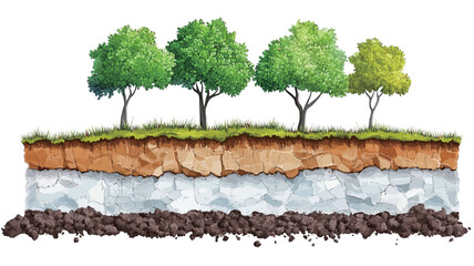 Digital watercolor illustration depicting a cutaway view of soil layers. The image showcases four stylized trees on a grassy surface, with the soil profile clearly visible below, revealing distinct