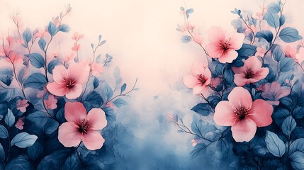 Delicate Pink Flowers and Blue Leaves Watercolor Art
