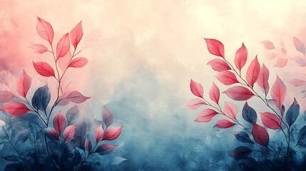 Delicate Red and Blue Leaves Artistic Botanical Illustration