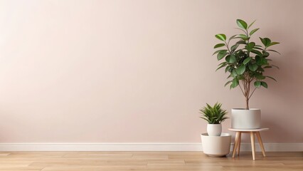 Fototapeta premium A serene and calming minimalist living room with a soft pink wall, featuring an elegant isolated home plant in a simple white pot against the neutral background, greenery, peaceful ambiance