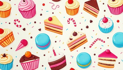 Sweet Treats Pattern: A delightful array of colorful cupcakes, cake slices, macaroons and candies, scattered across the surface, creating a festive, tasty pattern for any celebration.