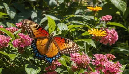 Obraz premium A Butterfly's Embrace: Witness the delicate dance of nature as a vibrant butterfly alights upon a bed of colorful blossoms, its wings gracefully spread in the sunlight. 