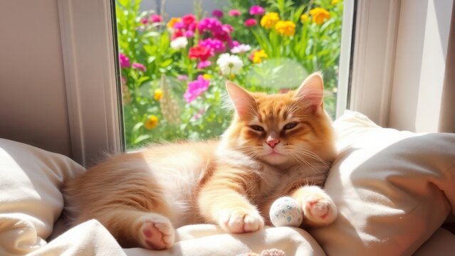 Sunshine Siesta: A ginger cat enjoys a sun-drenched nap on a soft surface near a bright window, with a vibrant flower garden view