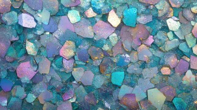 Artistic arrangement of seaglass pieces in a vibrant display of blues, greens, and purples, creating an enchanting visual texture