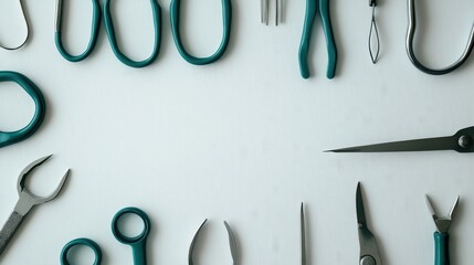Assorted Crafting Tools and Scissors on a White Background