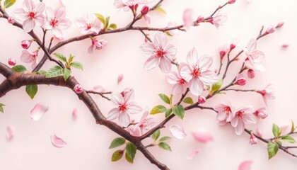 Fototapeta premium Spring's Gentle Embrace: Delicate cherry blossoms adorn a branch, their soft pink petals and green leaves creating a serene display of nature's artistry and tender touch.
