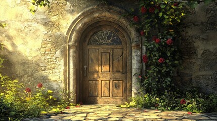 Fototapeta premium Rustic Wooden Door Framed by Roses and Green Vines in an Old Stone Wall Bathed in Warm Natural Light