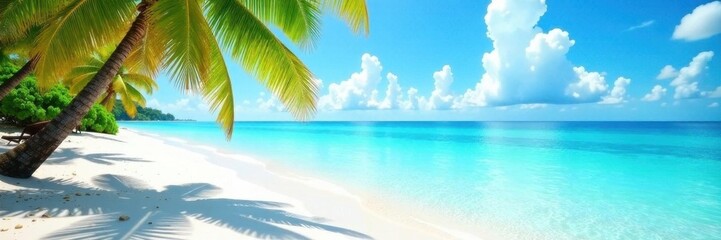 White sand, crystal clear water, palm trees in background, water, serene, white sand