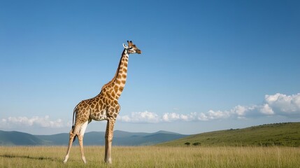 Obraz premium Giraffe Standing Gracefully Against Clear Blue Sky in Open Landscape
