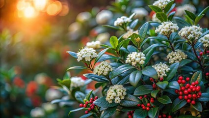 Fototapeta premium Fragrant white flowers blooming on a dense bush with dark green foliage and red berries in a garden setting at dusk, evergreen bush, daphne odora