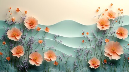 Peach Blossoms and Delicate Lavender Sprigs on Teal Waves