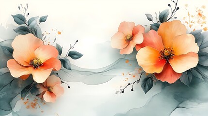 Elegant Peach Blossoms with Grey Leaves and Abstract Background