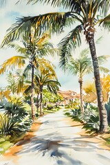 Fototapeta premium Watercolor painting of a calm courtyard lined with palm trees. The gentle sway of the fronds brings a sense of quiet, on isolated white background