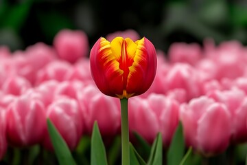 Red Tulip Among Pink Blooms