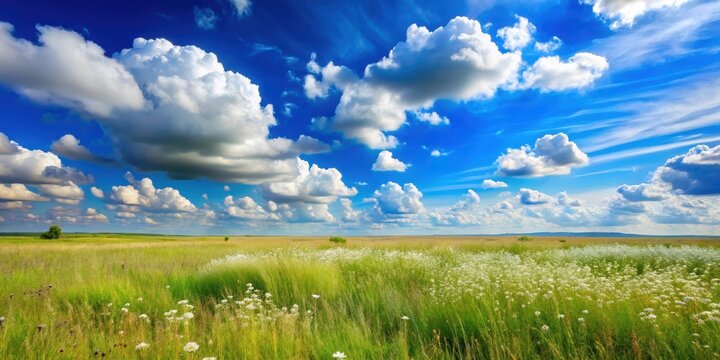 A serene blue sky with fluffy white clouds against a vast open field with tall grass and wildflowers, stretching out to the horizon , Blue Sky, Serene