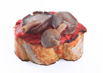 Toasted bread with tomato sauce and mushrooms creating delicious bruschetta