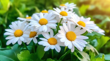 Fototapeta premium White daisies with vibrant yellow centers flourish in a garden filled with rich greenery, showcasing nature's beauty in spring