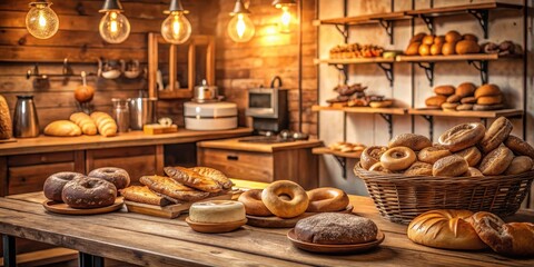 Fototapeta premium Freshly baked donuts and bread displayed on a wooden counter in a cozy bakery shop, surrounded by vintage baking utensils and warm lighting , freshly baked bread, wood grain counter