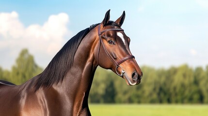 Obraz premium Majestic Brown Horse Portrait in Grassy Field Under Blue Sky