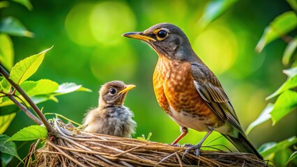 Obraz premium Bird Mother Protecting Chick in Nest