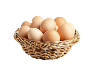 a woven basket filled with fresh eggs on transparent background