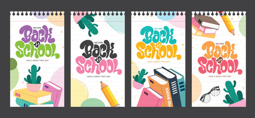 Back to school greeting clipart poster set design. Welcome back to school typography text clip art in paper space water color abstract background with colorful drawing educational elements collection 