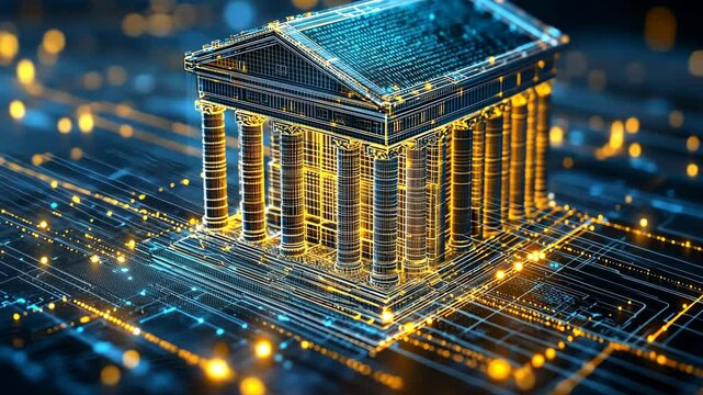 Digital representation of a classical temple amidst a network of glowing data circuits and technology patterns