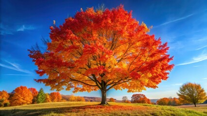 Vibrant red maple tree stands tall amidst a blanket of golden yellow and burnt orange leaves, its branches etched against a crisp blue sky , nature landscape, deciduous tree
