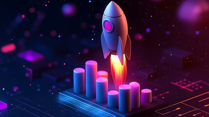 Futuristic Rocket Launching from Bar Graph, A futuristic rocket launching from a bar graph, symbolizing growth and progress in a digital environment