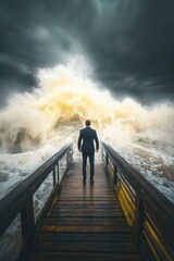 Obraz premium A person standing in front of giant sea tide wave. Water splashes. Dangerous. In a hurricane storm.