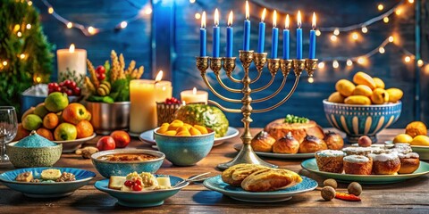 Colorful Hanukkah dinner table with traditional food and festive decorations, gelt, dinner table