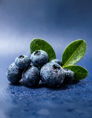 A close-up of plump, fresh blueberries with a deep blue hue and a slightly frosted surface, resting against a clean background. 
