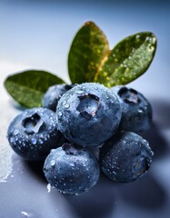 A close-up of plump, fresh blueberries with a deep blue hue and a slightly frosted surface, resting against a clean background. 