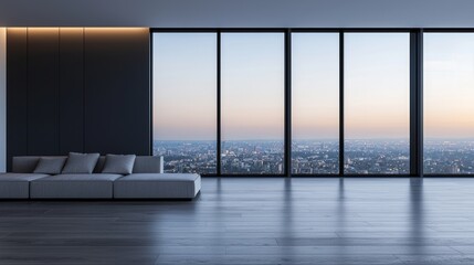 Naklejka premium A modern interior featuring a sleek sofa and large windows offering a panoramic city view at dusk.