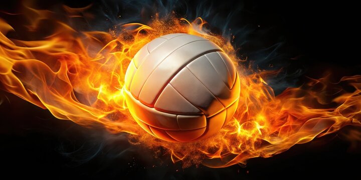 Volleyball burning intensely with orange flames in a dark space, fiery passion, volleyball