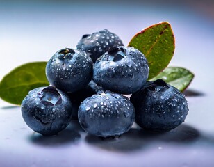 A close-up of plump, fresh blueberries with a deep blue hue and a slightly frosted surface, resting against a clean background. 