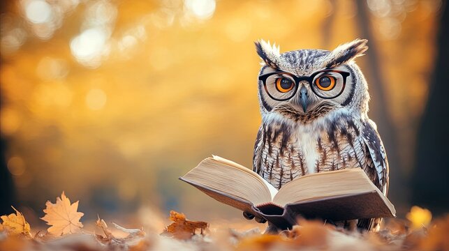 Owl wearing glasses reading a book among autumn leaves in a forest setting during golden hour