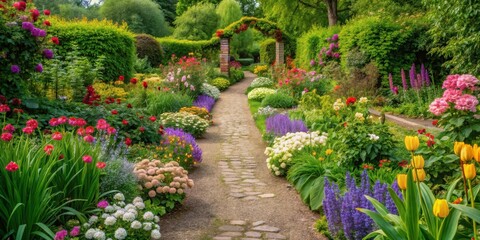 Serpentine garden pathway amidst blooming flowers and foliage, countryside views