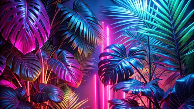 Exotic tropical leaf greenery illuminated by vibrant neon lights in a modern studio setting, tropical leaves, ambient lighting
