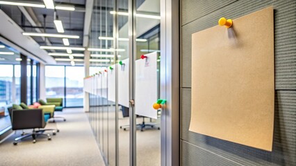 Notice paper with blank tabs pinned on a public wall in a modern office space, notice, tab, notice, tab, paper, corporate
