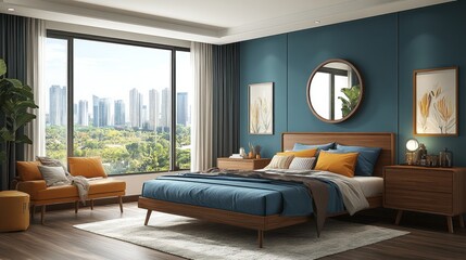 Fototapeta premium Modern bedroom with teal wall, wood furniture, and city view.